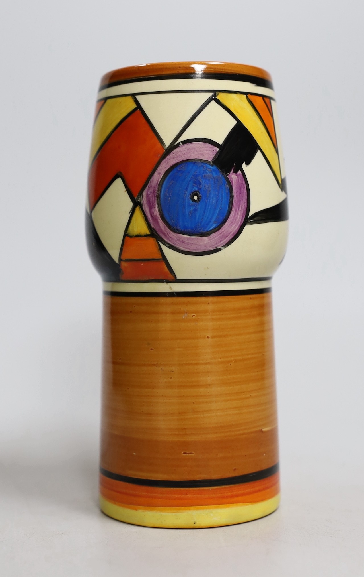 An early Clarice Cliff Bizarre Lightening-pattern vase, 18cm